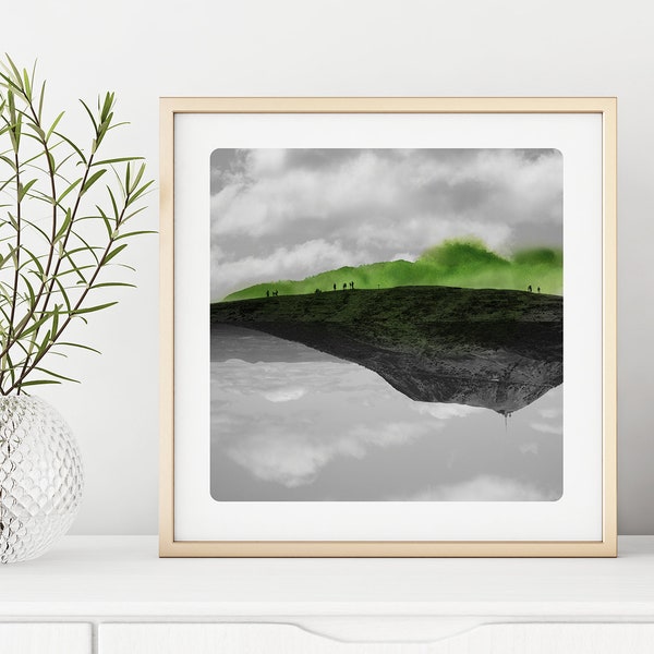 Landscape photography Mountain Fine Art Print  WaterColor paints Black and white Green Wall modern art nature inspired decor VOLCANS
