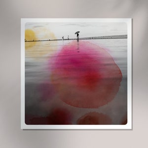 Coastal landscape Pink watercolor on black and white beach photography  Surreal wall art print Silhouettes in the sea  AQVA ROSE
