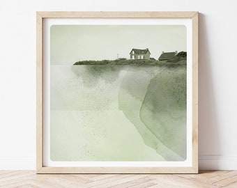 Aerial house photography print  Dreamy house surreal with moss green watercolor painting  ABRI LIMITE