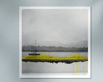 Sailboat photography  coastal fine art print Boat on the ocean  with yellow watercolor line   Black and white   MIROIR BATEAU