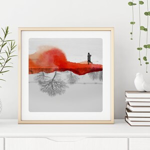 Winter Landscape Photography Print: Girl in Snow, Orange Watercolor