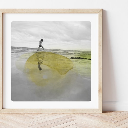 Coastal wall art decor Photography of a girl walking on a beach with yellow watercolor paint Surreal picture AQVA JAUNE