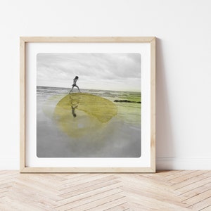 Coastal wall art decor Photography of a girl walking on a beach with yellow watercolor paint Surreal picture AQVA JAUNE image 1