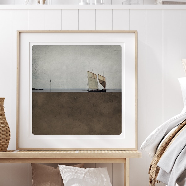 Sailboat photography Minimal Wall Art Chocolate brown Seascape Fine Art Print  Pole Brun