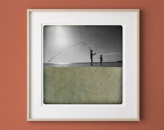 Deer Flying Fine art Print  of two silhouettes on the beach  highlighted by a block of ink in khaki tones POLE CERF