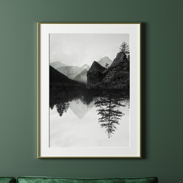 Schwarz-weiß Fotografie gemischt mit Aquarellfarben Abstrakte Berge Kunstdruck