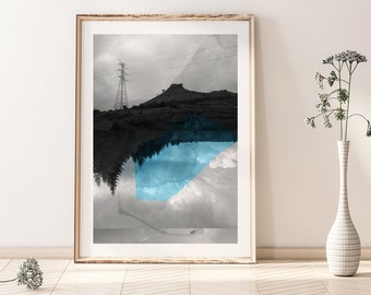 Black and white Photography mixed with pink Watercolor painting Abstract Mountain Art Print   Croisées L