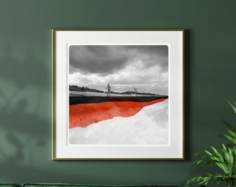 Beach photograph Surf on the Atlantic Ocean coast Brittany France  Orange  Watercolor paints  & Black and white  photo  MIROIR SURF