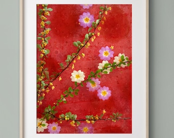 Composição fotográfica floral de prímulas e folhagens sobre fundo aquarelado vermelho vibrante - Hibis