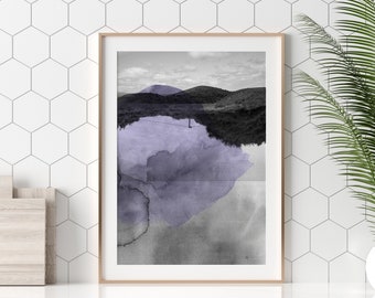 Black and white Photography mixed with purple Watercolor painting Abstract Mountain Art Print   Croisées H