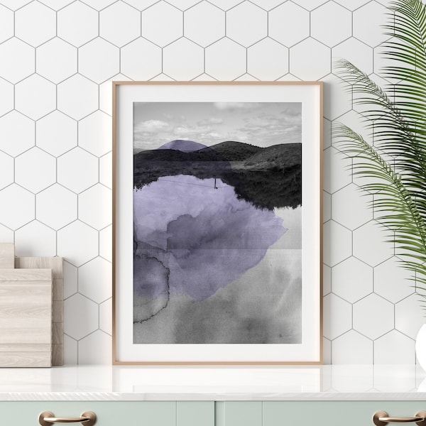 Collage Photographique noir et blanc Montagnes peinture aquarelle violette CROISEES H