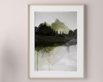 Abstract Mountain Art Print Black and white Photography mixed with blue Watercolor painting  Croisées C