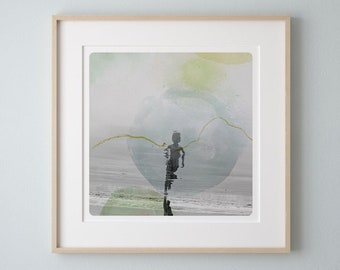 Abstract photography art print Boy running on a beach Watercolor light blue painting Coastal Wall Decor AQVA BOY