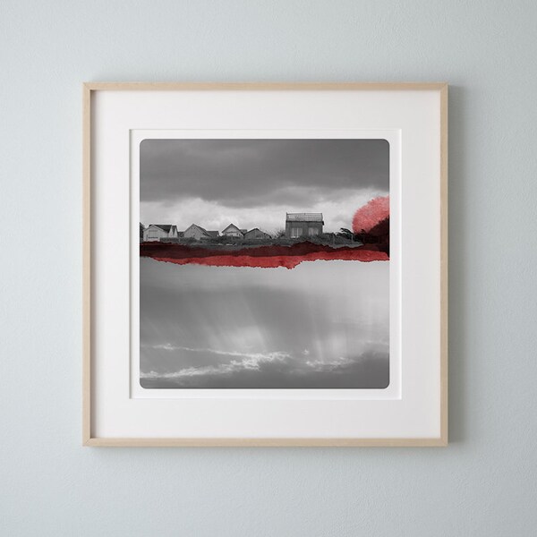 Normandy Coast Art Print: Red Watercolor Houses, France Seascape