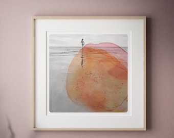 Seascape Nature photography Art print beach wall decor Coastal orange and pink photo  illustration Minimal Landscape Art Print AQVA ORANGE