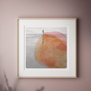 Seascape Nature photography Art print beach wall decor Coastal orange and pink photo illustration Minimal Landscape Art Print AQVA ORANGE image 1