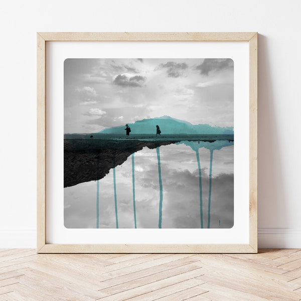 photography of Children walking on a beach Landscape photography mixed with Watercolor paints Coastal Home Art Black and white Cyan DEUX