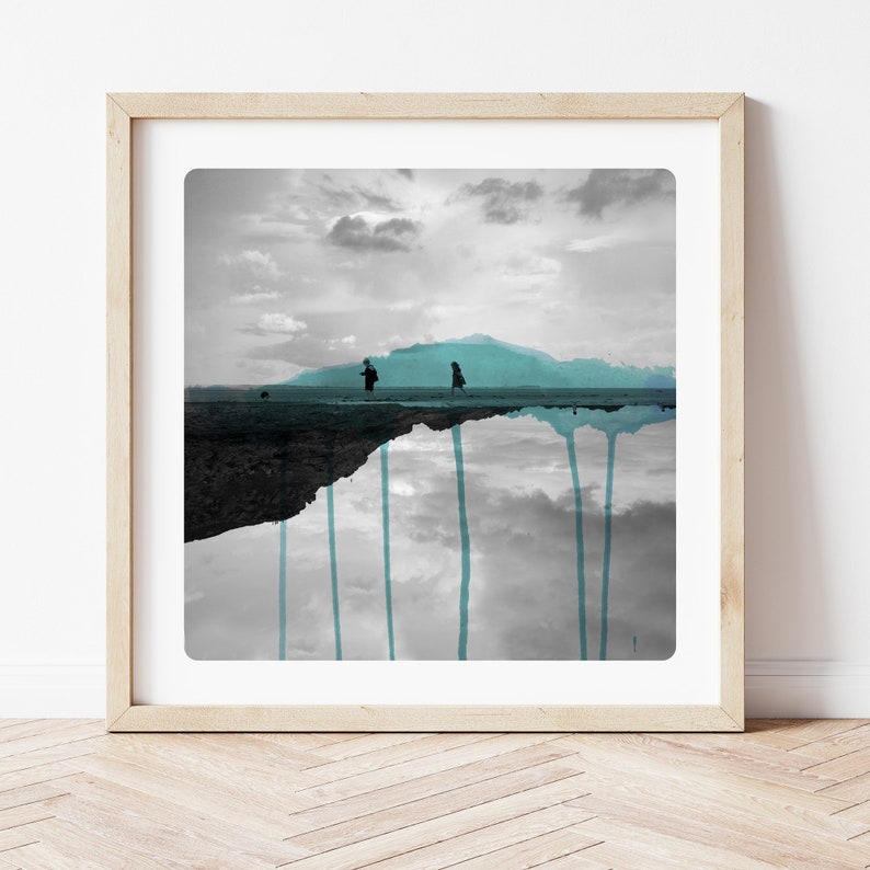 photography of Children walking on a beach Landscape photography mixed with Watercolor paints Coastal Home Art Black and white Cyan DEUX image 1