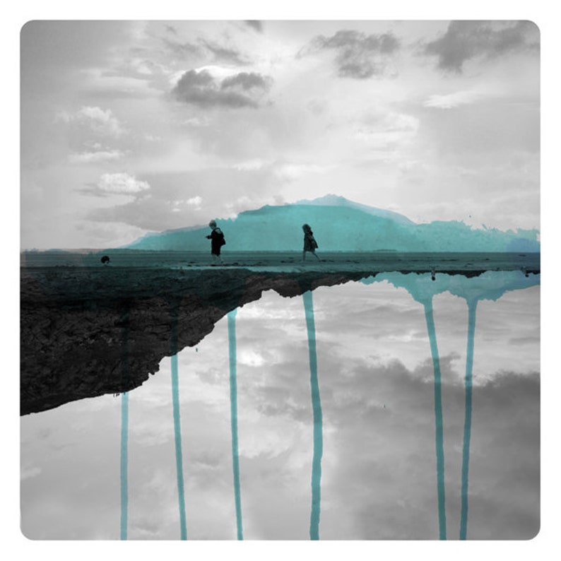 photography of Children walking on a beach Landscape photography mixed with Watercolor paints Coastal Home Art Black and white Cyan DEUX image 2