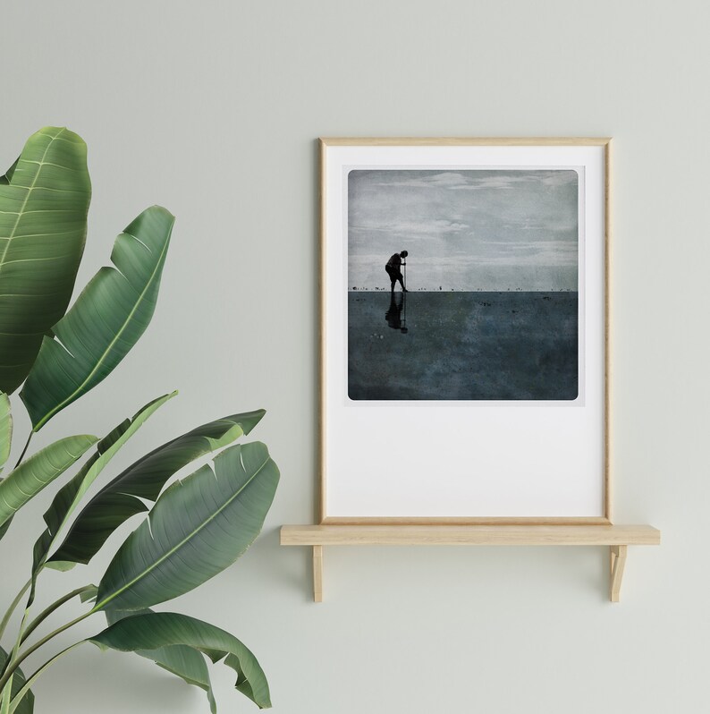 Seascape photography Dark blue color block painting with a sihouette digging on a beach Normandy shore fishing Wall Art Decor POLE PETROLE image 5