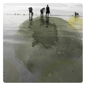K&ouml;nnte beinhalten: Ein Schwarzwei&szlig;foto von Menschen, die an einem Strand entlanglaufen, mit einem gro&szlig;en gr&uuml;nen Aquarellkreis im Vordergrund.