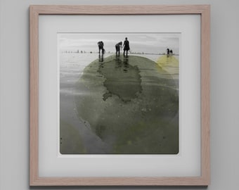 Silhouettes on the beach Costal Wall Art photography combined with bistre watercolor painting  AQVA BIS