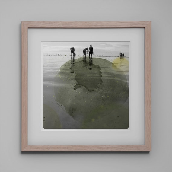 Silhouettes on the beach Costal Wall Art photography combined with bistre watercolor painting  Aqva Bis