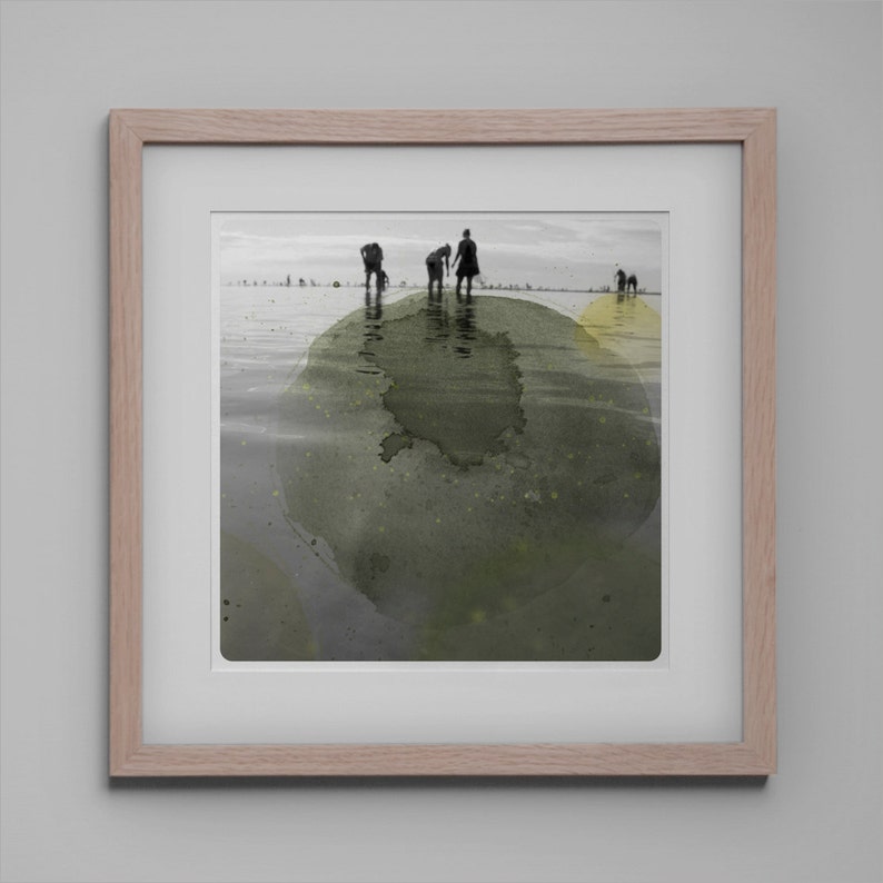 Silhouettes on the beach Costal Wall Art photography combined with bistre watercolor painting AQVA BIS image 1