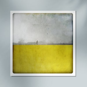 Black and white photography of a silhouette walking in a foggy landscape with a yellow painted color block Fine art print POLE JAUNE image 1