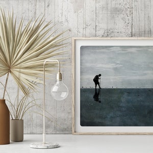 Seascape photography Dark blue color block painting with a sihouette digging on a beach Normandy shore fishing Wall Art Decor POLE PETROLE image 6