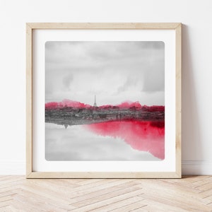 Eiffel Tower photography  Paris Art Print Black and white photo and pink watercolor paints  PARIS EN ROSE