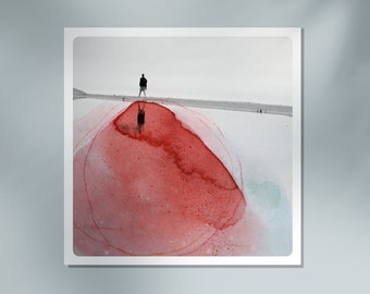 Beach Landscape photography with red watercolor Seascape art print Coastal Home Art AQVA ROUGE