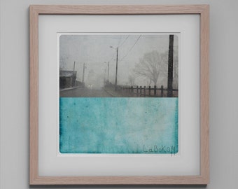 Landscape photography Black and White Foggy Road in the Winter with turquoise color block  Painting POLE TURQUOISE