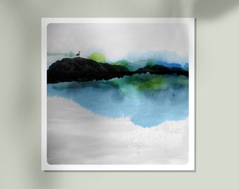 Bird  photography Abstract Nature  Fine Art Print  Seagull  on a  Rock  with  WaterColor paints  Black and white   Blue  Green Oiseau