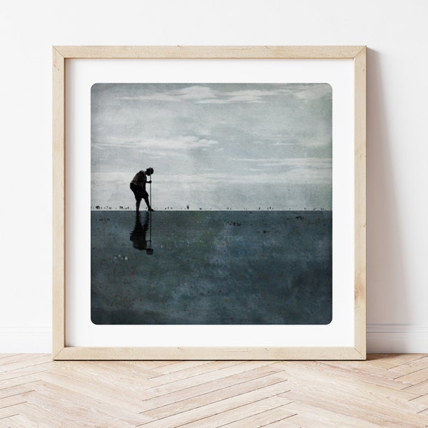 Seascape photography Dark blue color block painting with a sihouette digging on a beach Normandy shore fishing Wall Art Decor POLE PETROLE