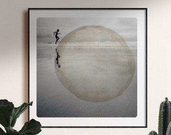 Dreamy beach photography Joyful Child Round watercolor painting bubble Coastal wall art decor AQVA UP