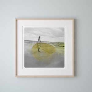 Coastal wall art decor Photography of a girl walking on a beach with yellow watercolor paint Surreal picture AQVA JAUNE image 4