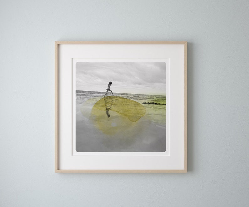 Coastal wall art decor Photography of a girl walking on a beach with yellow watercolor paint Surreal picture AQVA JAUNE image 4