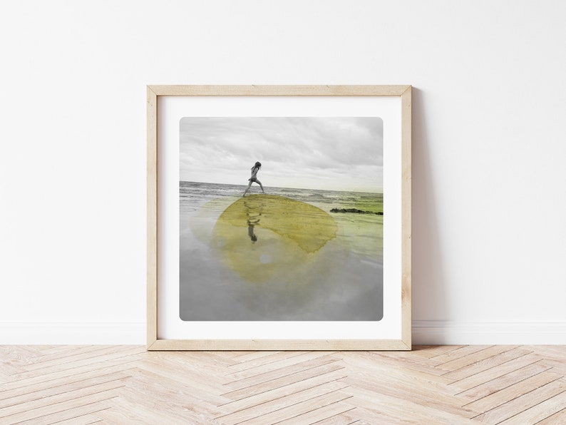 Coastal wall art decor Photography of a girl walking on a beach with yellow watercolor paint Surreal picture AQVA JAUNE image 1