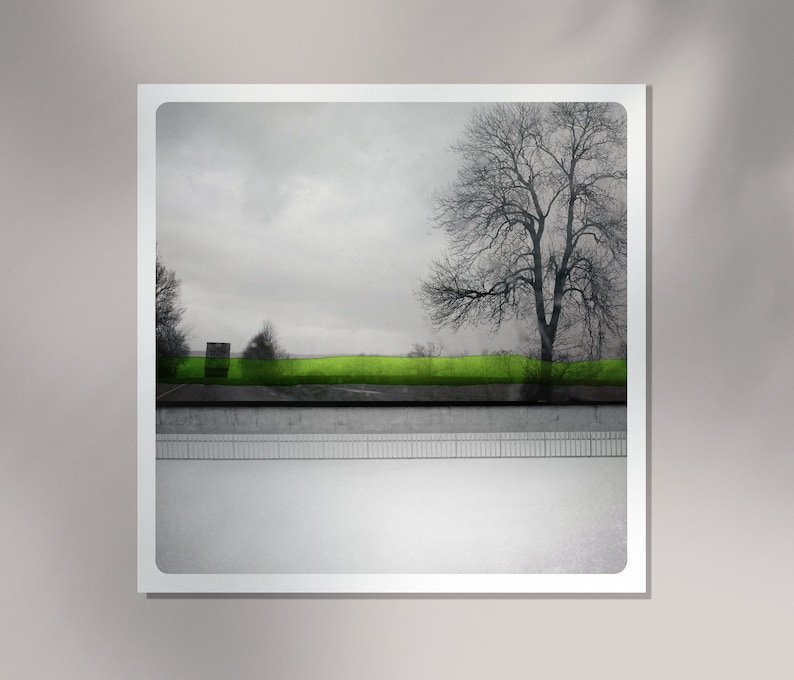 Landscape photography Truck on a road Fine Art Print Winter Tree Green WaterColor paints Black and white picture MIROIR ROUTE BARREE image 1