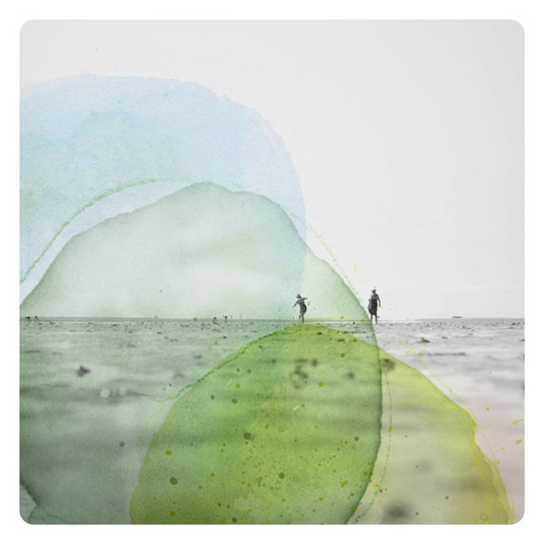 Beach photography and watercolor painting silhouettes on a french beach lime blue and yellow Minimal Coastal Art AQVA TRI image 2