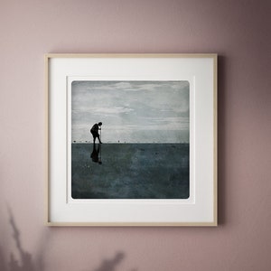 Seascape photography Dark blue color block painting with a sihouette digging on a beach Normandy shore fishing Wall Art Decor POLE PETROLE image 4