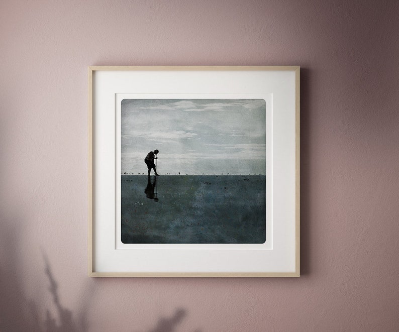 Seascape photography Dark blue color block painting with a sihouette digging on a beach Normandy shore fishing Wall Art Decor POLE PETROLE image 4