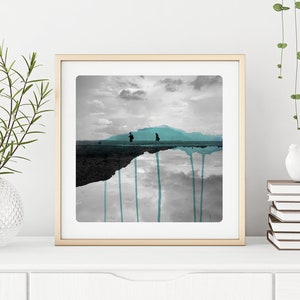 photography of Children walking on a beach Landscape photography mixed with Watercolor paints Coastal Home Art Black and white Cyan DEUX image 4