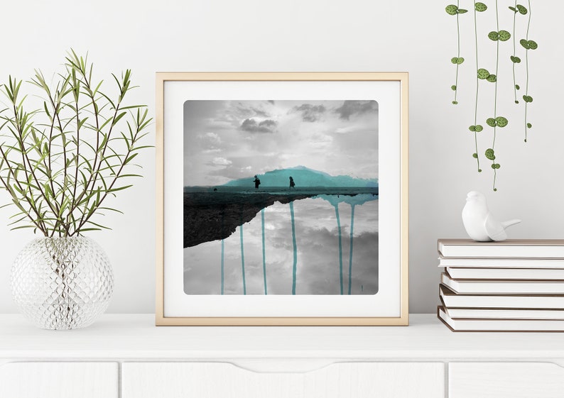 photography of Children walking on a beach Landscape photography mixed with Watercolor paints Coastal Home Art Black and white Cyan DEUX image 4