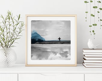 Seascape photography Child running on a beach Black & White photo with blue watercolor painting  Fine Art Print COURSE