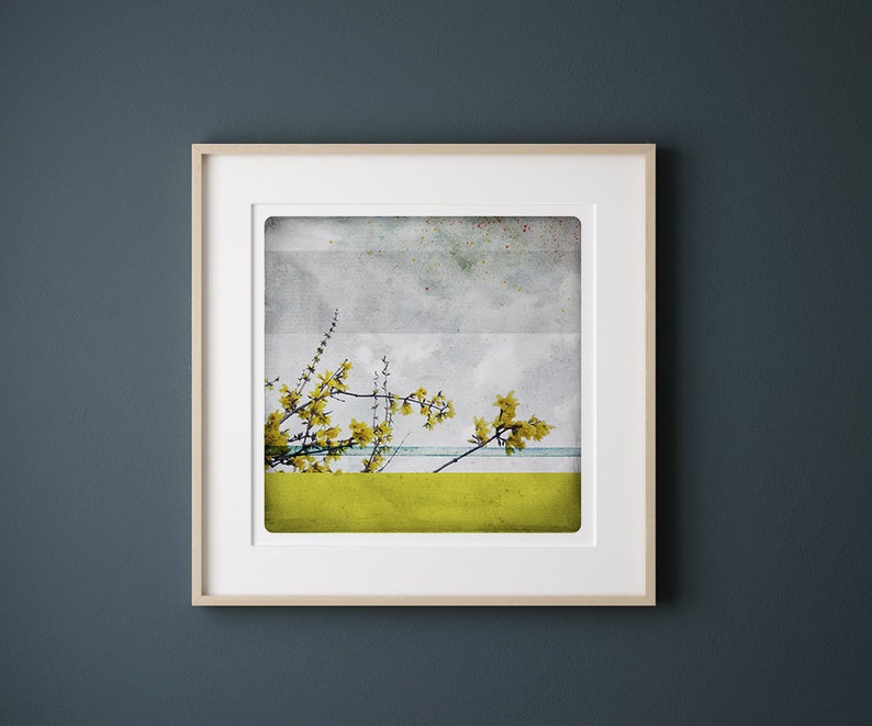 May include: A framed abstract art print featuring a yellow flower with a green and blue background.