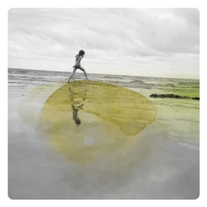 Coastal wall art decor Photography of a girl walking on a beach with yellow watercolor paint Surreal picture AQVA JAUNE image 2