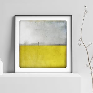 Black and white photography of a silhouette walking in a foggy landscape with a yellow painted color block Fine art print POLE JAUNE image 5