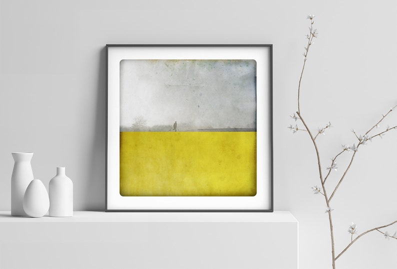 Black and white photography of a silhouette walking in a foggy landscape with a yellow painted color block Fine art print POLE JAUNE image 5